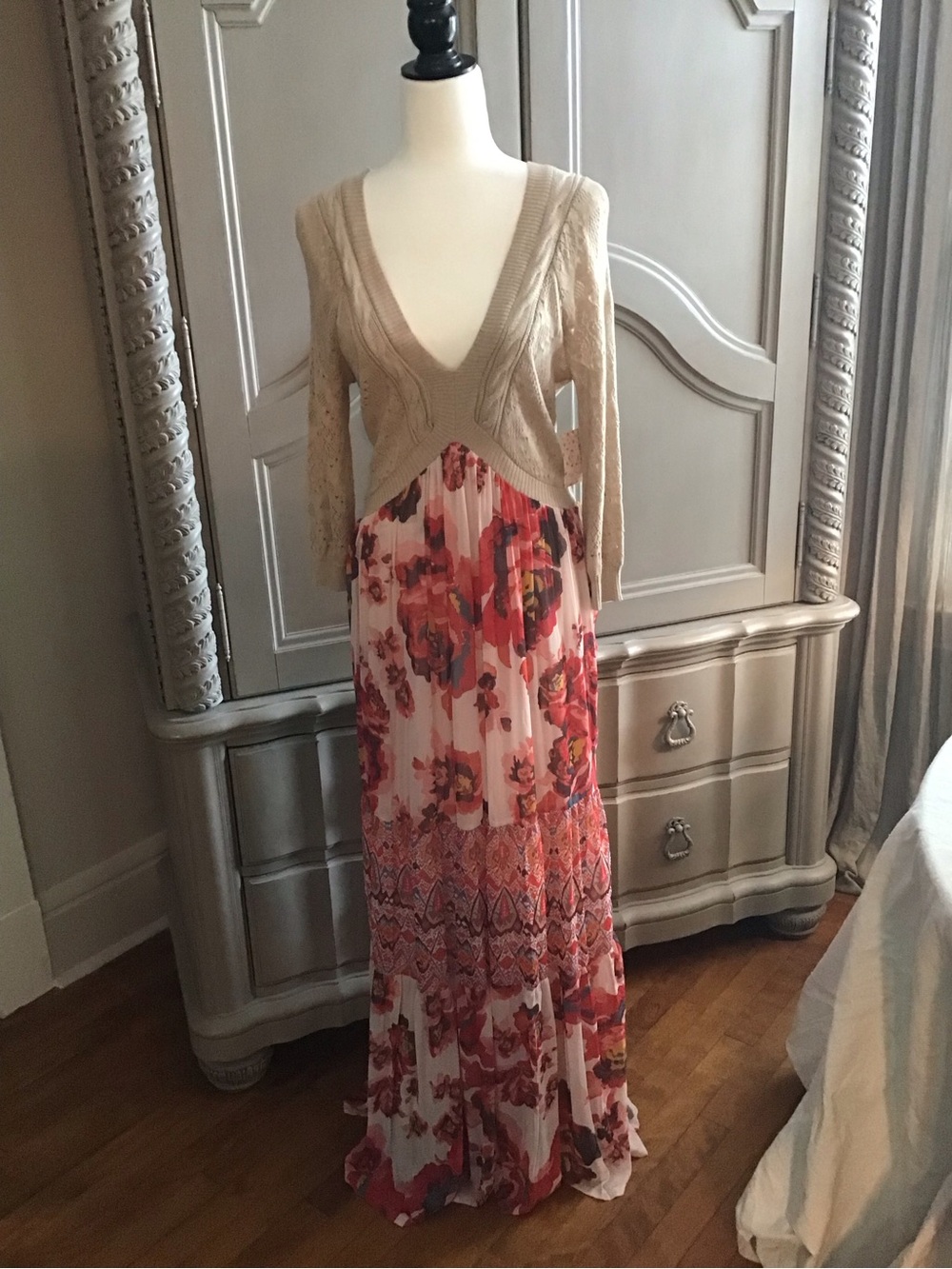 Free People Beige Knit Bodice Pink & Red Floral Maxi Dress
